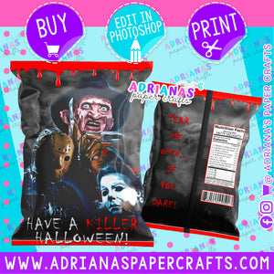 Editable Horror Movie Trio Chip Bag Wrapper - Photoshop File
