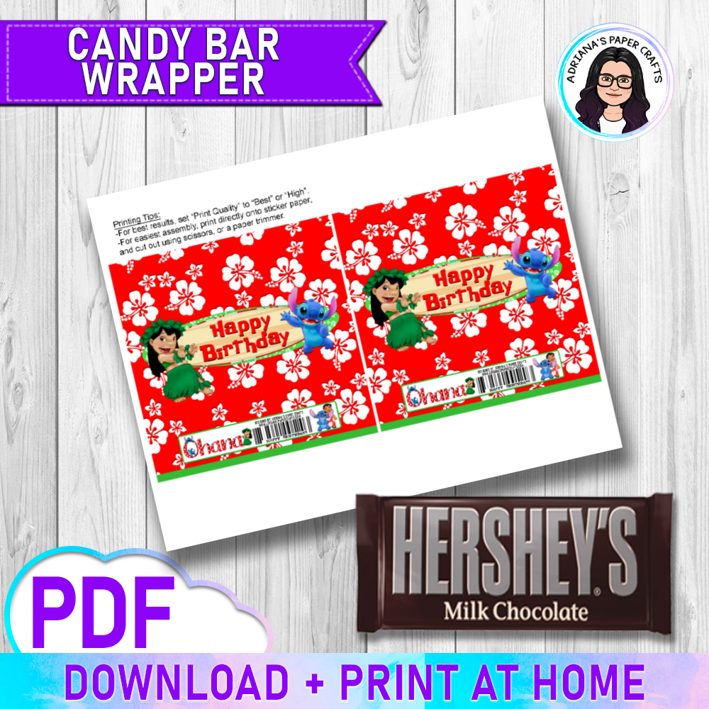 Lilo and Stitch Birthday Hershey Bar Wrapper Design - INSTANT DOWNLOAD