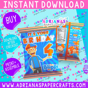 Blippi Birthday Printable Chip Bag Wrapper - INSTANT DOWNLOAD!