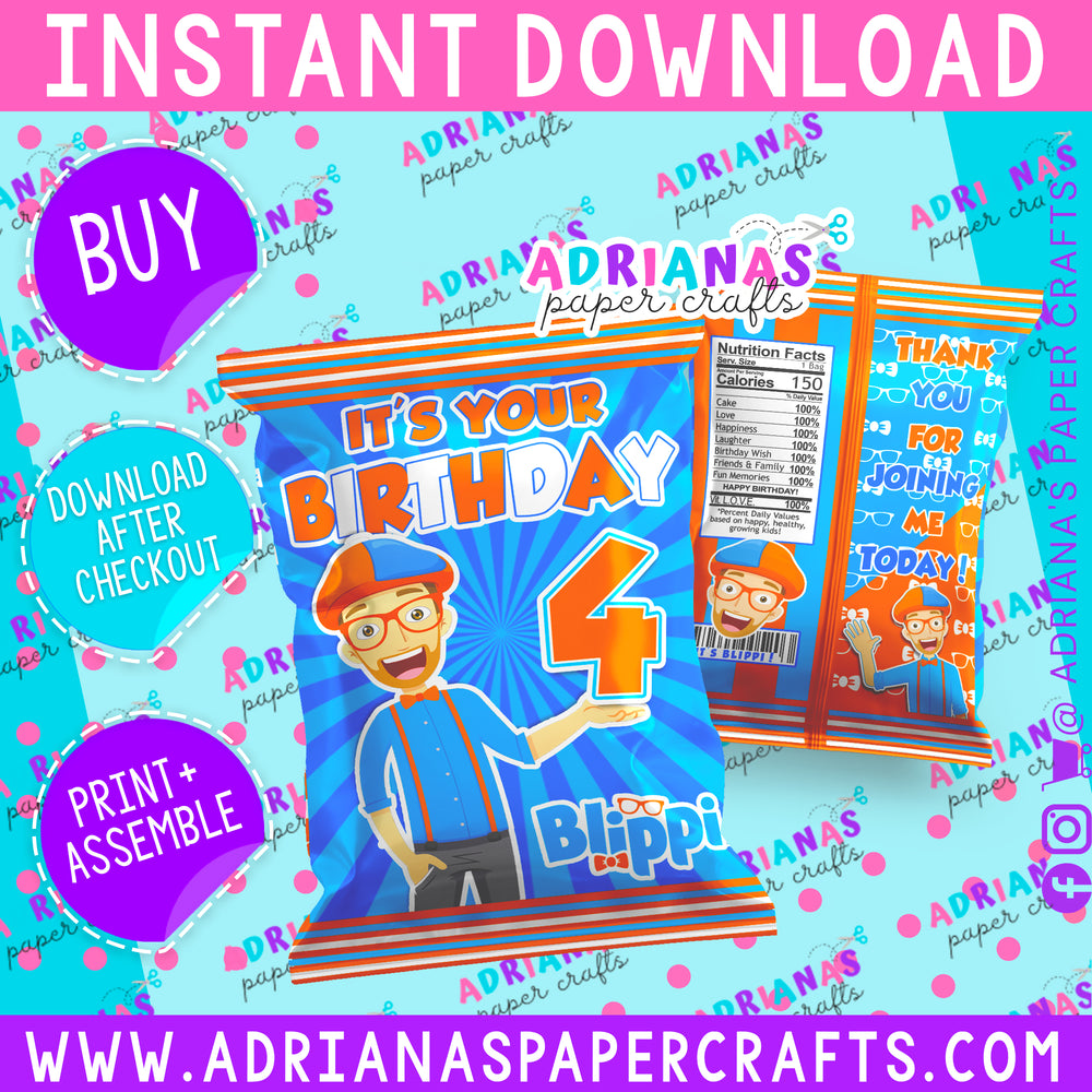 Blippi Birthday Printable Chip Bag Wrapper - INSTANT DOWNLOAD!