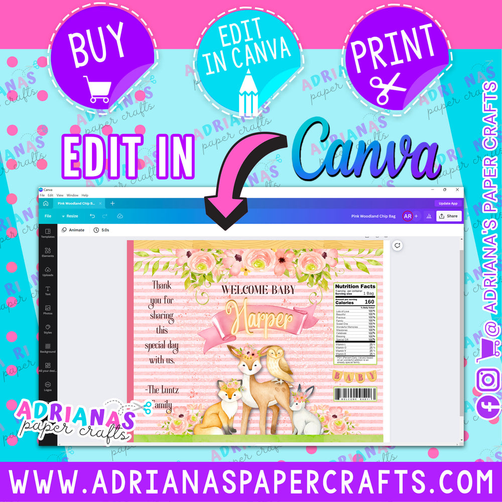 Editable Pink Woodlands Party Favor Chip Bag Design