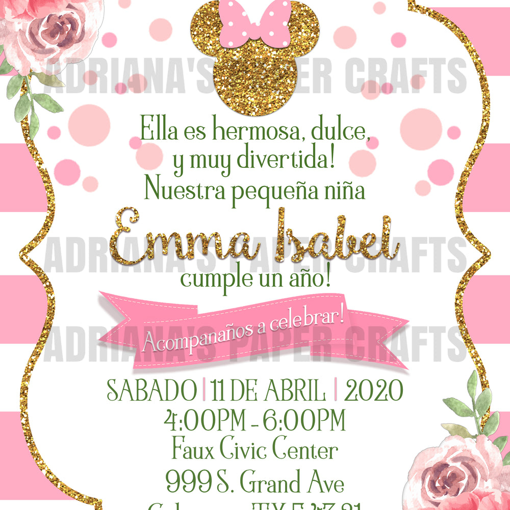 Minnie Mouse Pink and Gold Party Invitation